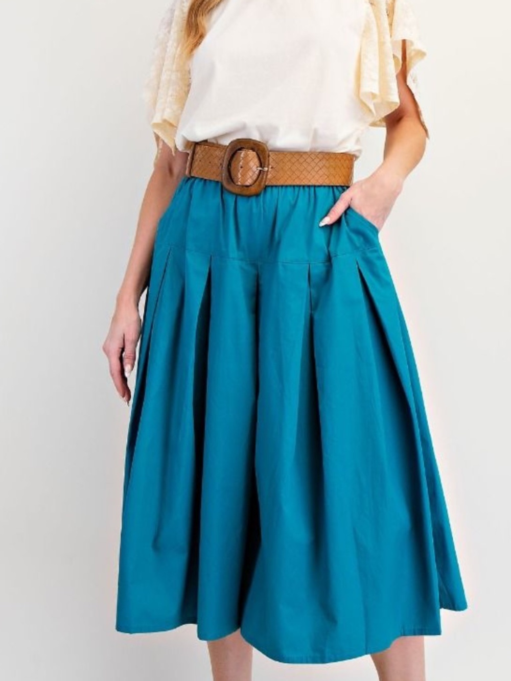 Easel Teal Blue Stretchy Waist Cotton Wig Leg Cropped Pants